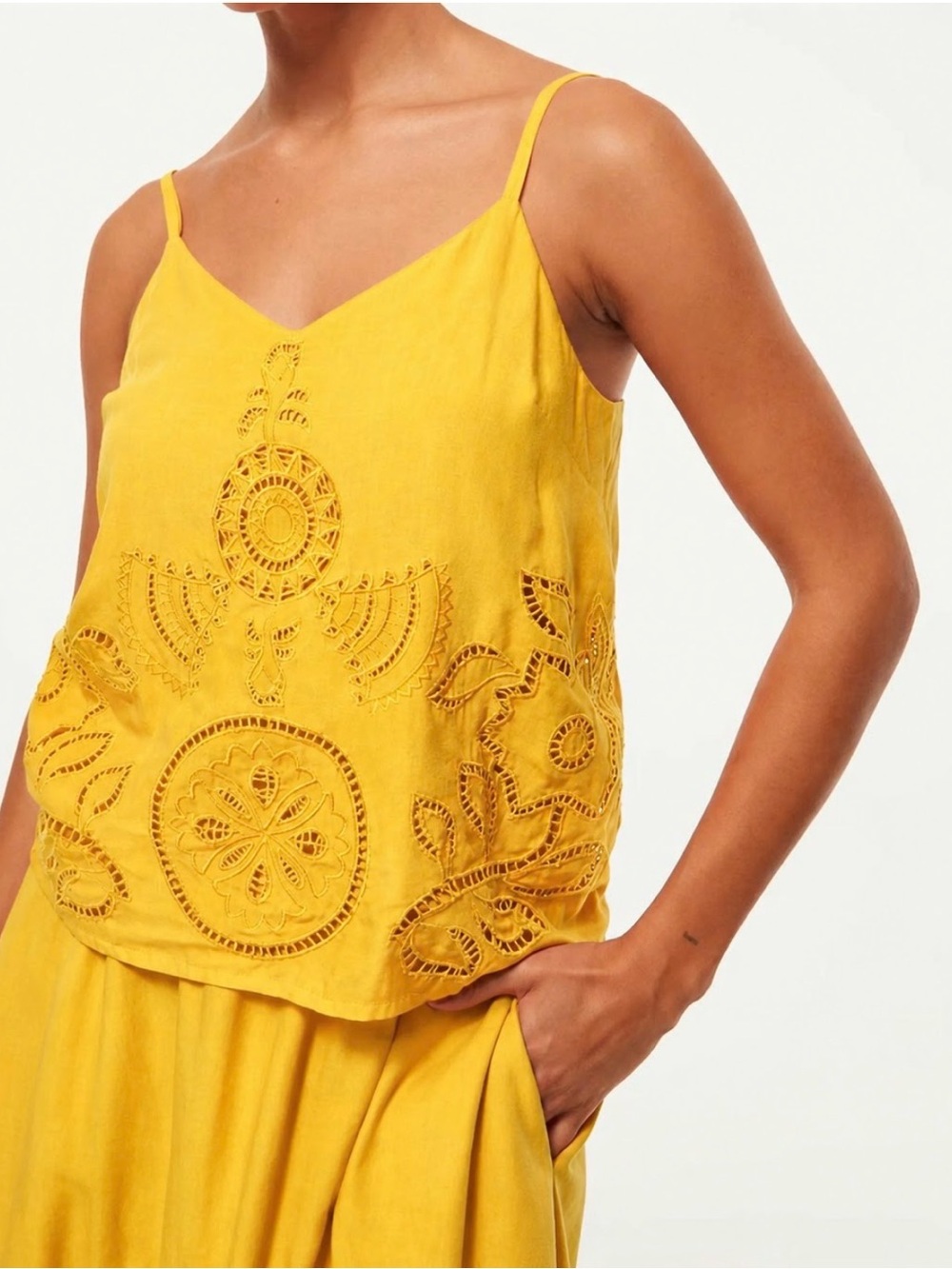 MISA Los Angeles Marcela Gold Yellow Eyelet Cotton Cami Top Size XS
